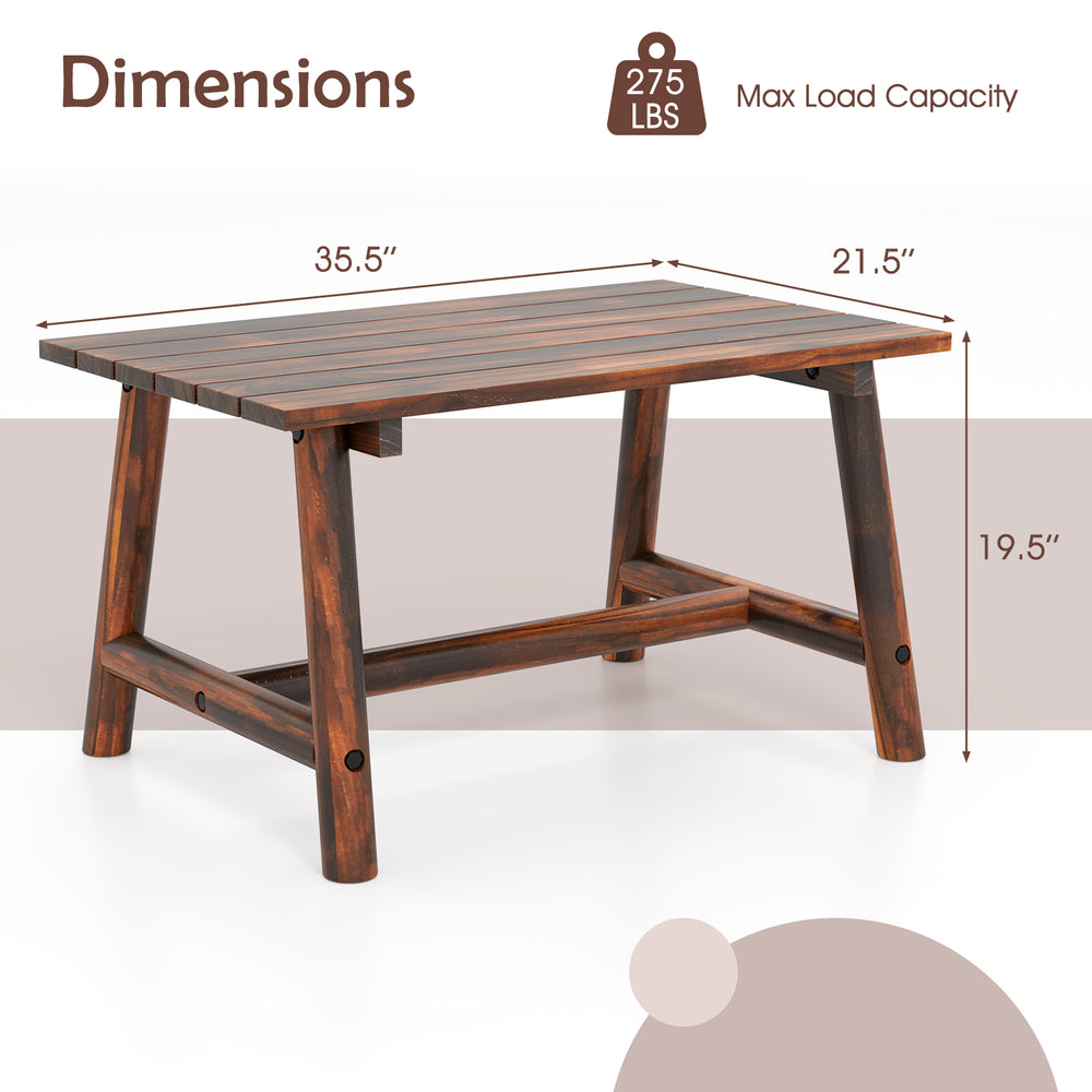 Solid wood patio table with slatted tabletop, brown finish, dimensions 35.5" x 21.5" x 19.5", ideal for garden or porch.