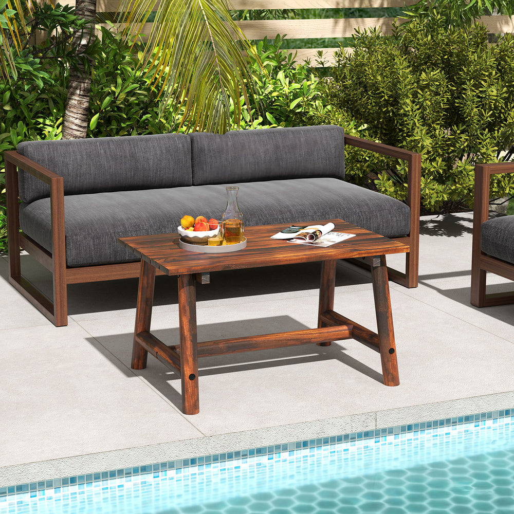 Solid wood patio table with slatted tabletop, made of pine and fir, perfect for garden or poolside use.
