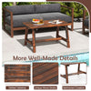 Solid wood patio table with slatted tabletop, unique wood grains, and reinforced crossbar for indoor and outdoor use.