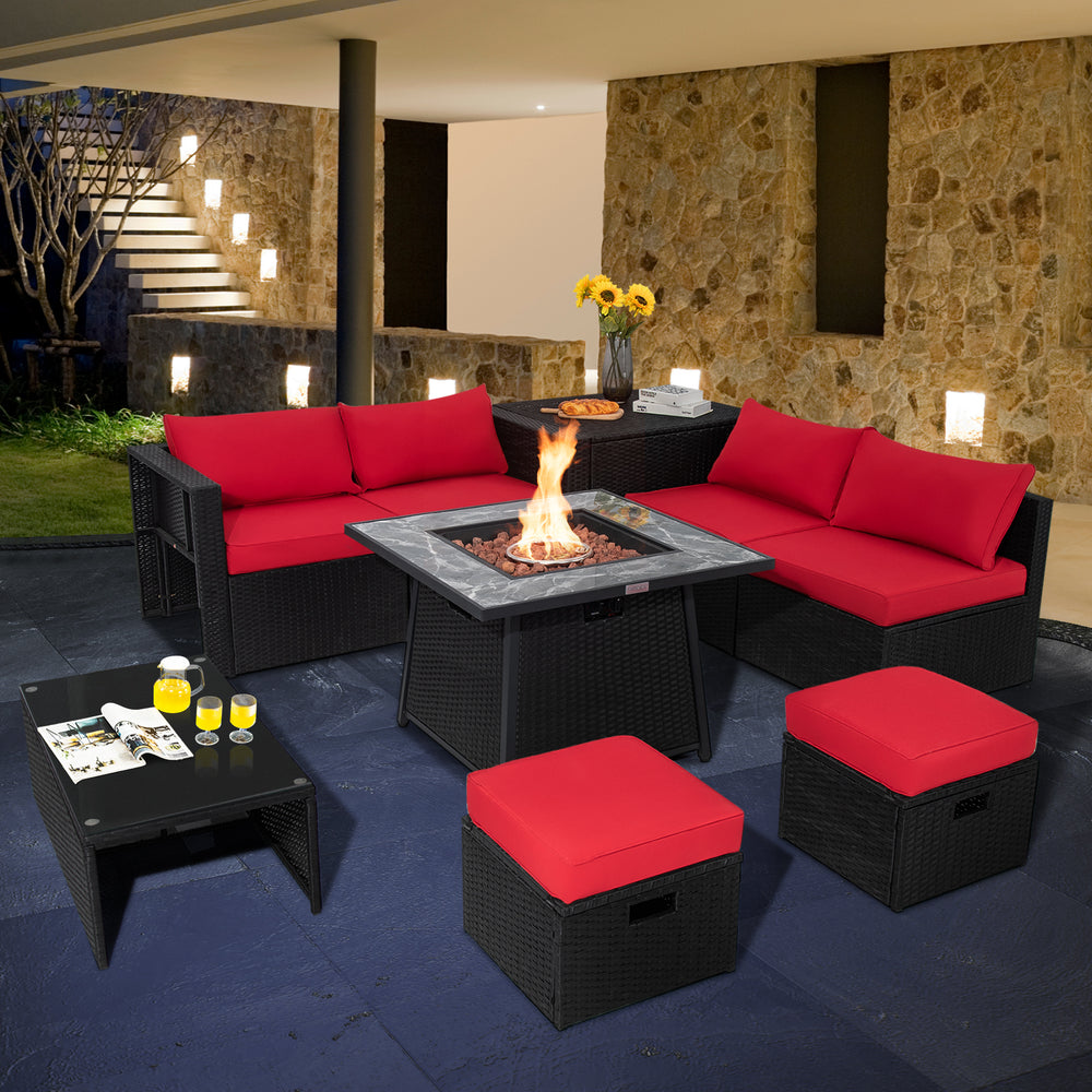 9 Pieces Outdoor Wicker Sectional with 35 Inch Gas Fire Pit Table-Red - Gallery View 1 of 10