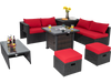 9-piece patio furniture set featuring a 32” fire pit table with red cushions, ideal for outdoor relaxation and warmth.