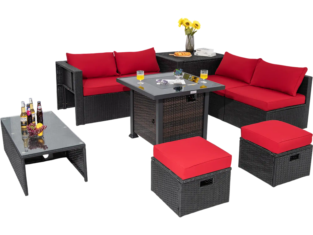 9-piece patio furniture set featuring a 32” fire pit table with red cushions, ideal for outdoor relaxation and warmth.
