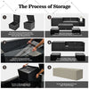 Storage process for the 9-piece patio furniture set, featuring ottomans and a fire pit table for compact organization.