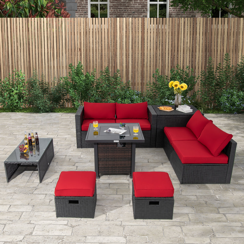 9-piece patio furniture set featuring a fire pit table, red cushions, and cozy ottomans for outdoor relaxation.