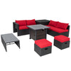 9-piece patio furniture set featuring a 32” fire pit table, red cushions, and PE rattan for outdoor relaxation.