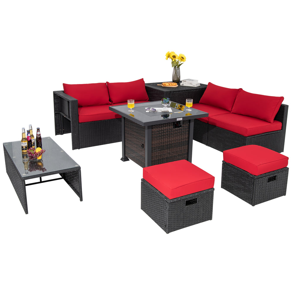 Cozy ottomans with soft red cushions from the 9-piece patio furniture set, perfect for lounging and outdoor gatherings.