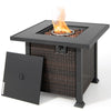 Square propane fire pit table with 50,000 BTU output, featuring a smooth tempered glass top and PE rattan base for.