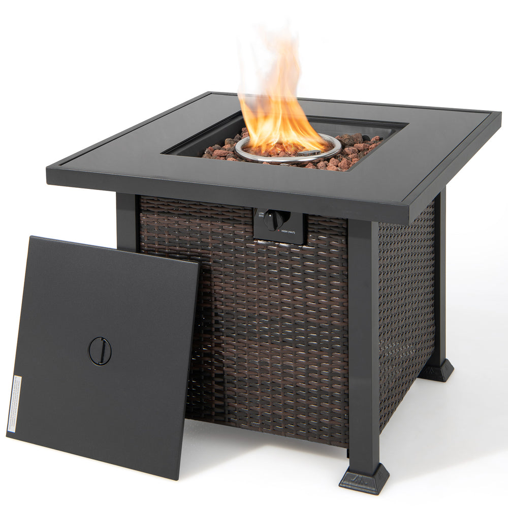 Square propane fire pit table with 50,000 BTU output, featuring a smooth tempered glass top and PE rattan base for.