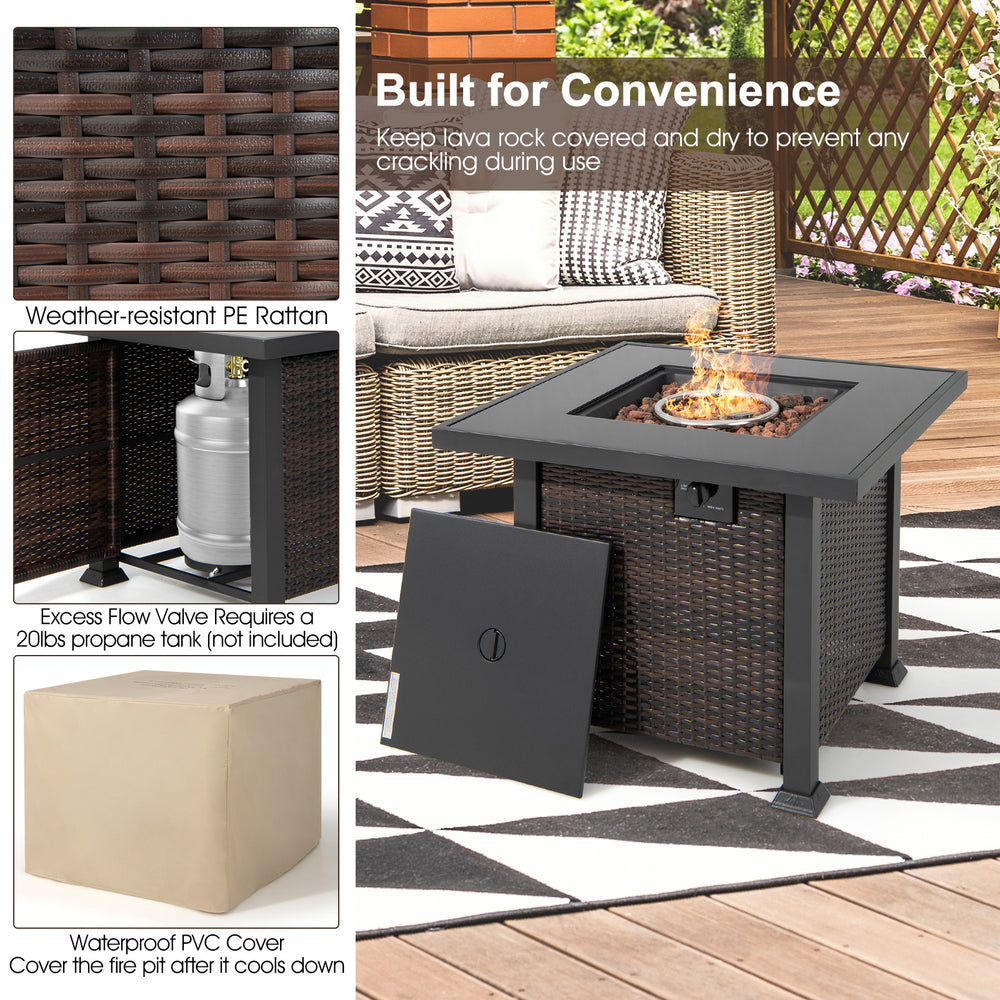 Square propane fire pit table made of weather-resistant PE rattan, featuring a smooth tempered glass top for outdoor.