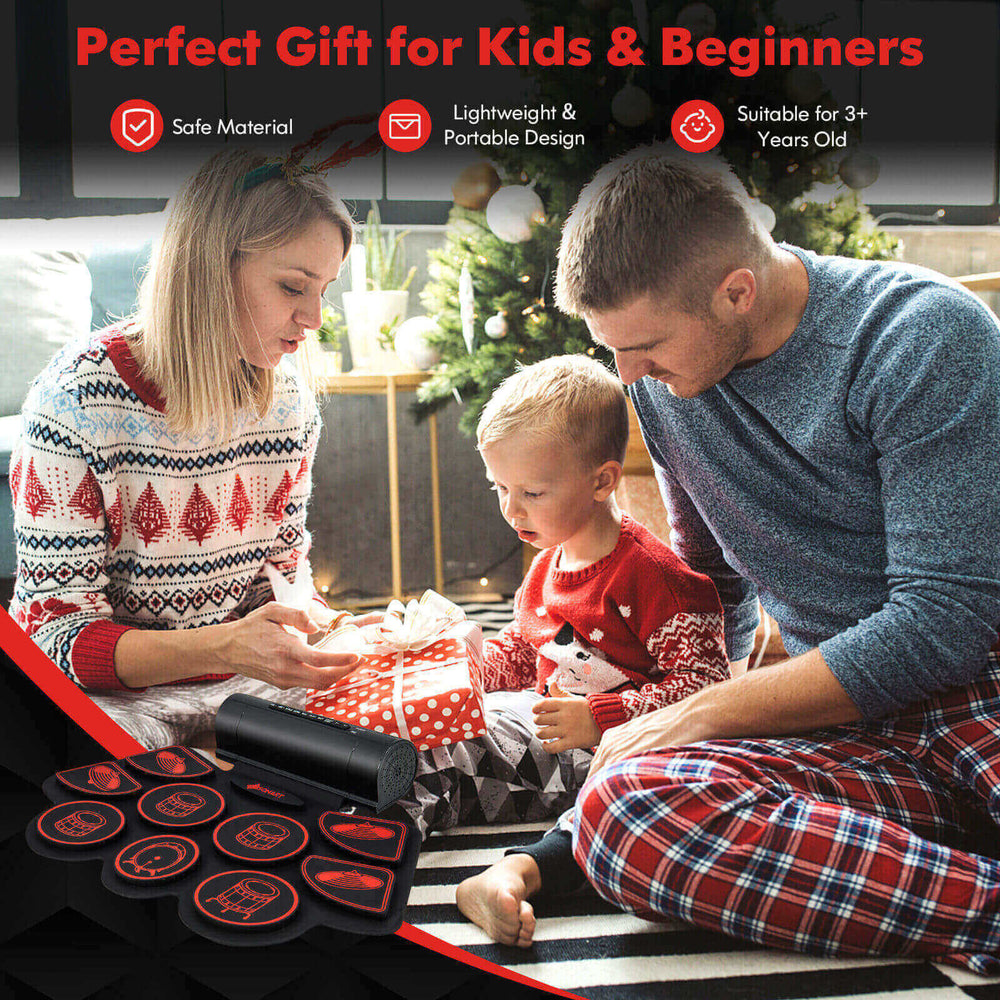 Electronic drum set for kids featuring dual stereo speakers, lightweight design, and multiple rhythms for fun music.