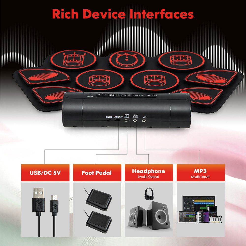 Electronic drum set with built-in stereo speakers, featuring various rhythms and MIDI support for versatile music.