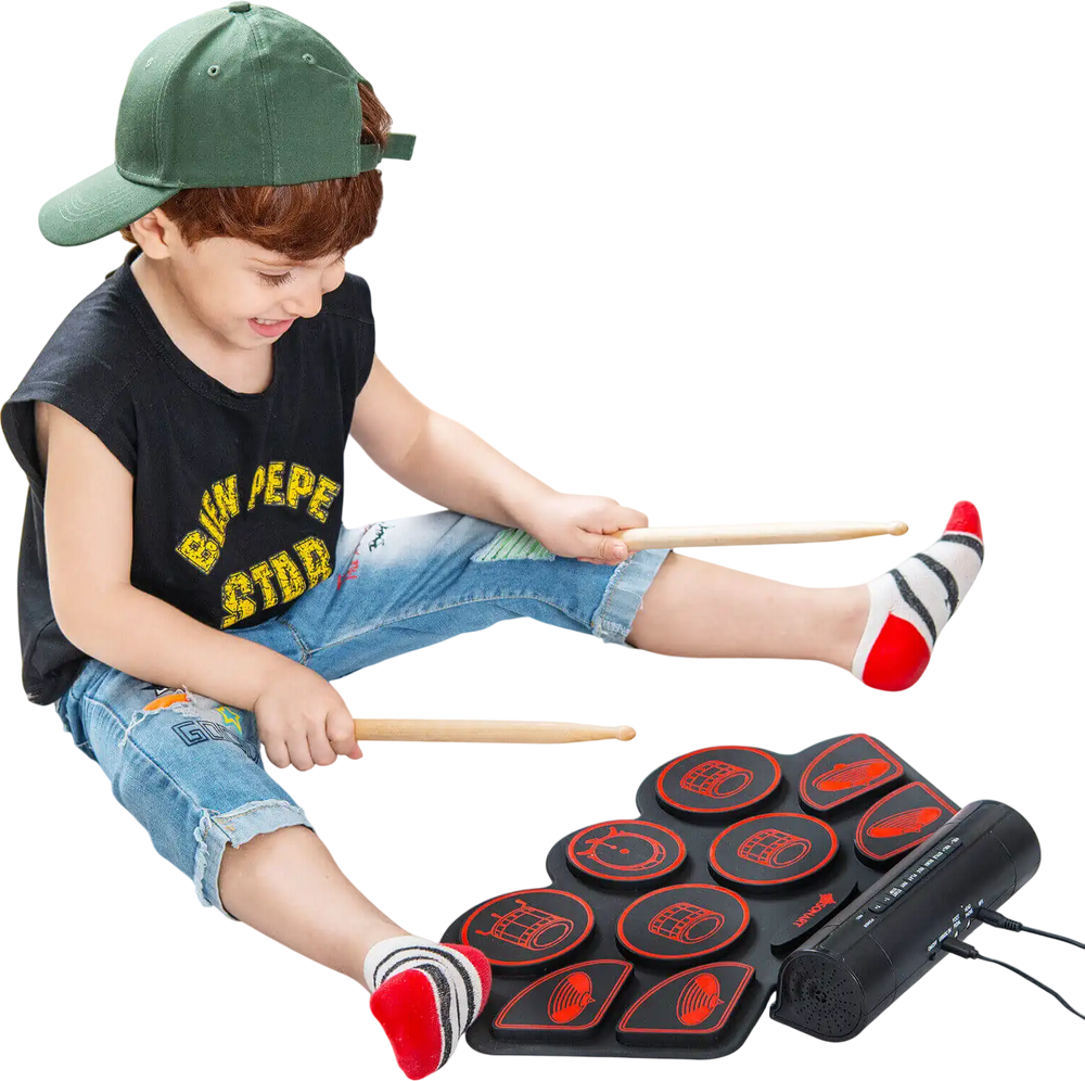Child playing the Electronic Drum Set with built-in speakers, featuring 9 rhythms and 15 speeds for fun music practice.