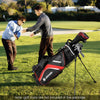 Lightweight golf stand bag in red with 14 way top dividers and 6 pockets, ideal for easy transport on the course.