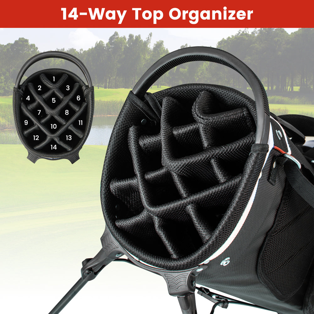 Lightweight golf stand bag featuring a 14-way top organizer and 6 pockets, designed for easy portability and storage.
