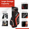 Lightweight golf stand bag in red with 14-way top dividers, 6 zippered pockets, and umbrella holder for easy transport.