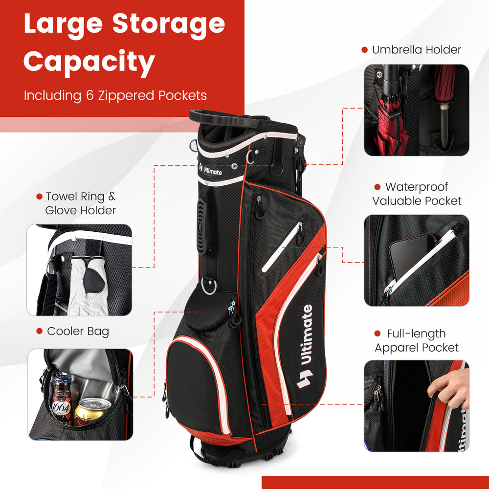 Lightweight golf stand bag in red with 14-way top dividers, 6 zippered pockets, and umbrella holder for easy transport.