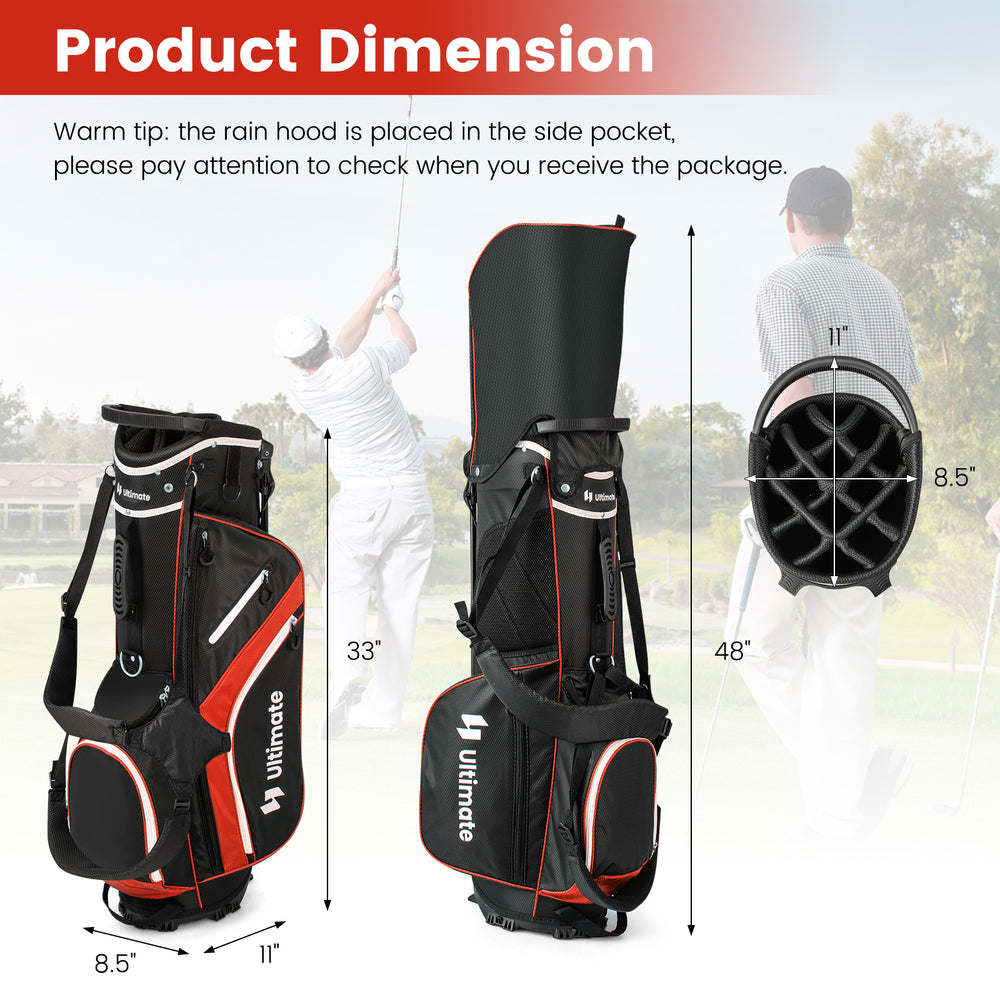 Lightweight red golf stand bag with 14-way top dividers, 6 pockets, and adjustable shoulder strap for easy carrying.