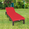 Side view of the red cushioned outdoor rattan chaise lounge, featuring a sturdy steel frame and weather-resistant.