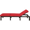 Adjustable outdoor rattan chaise lounge with red cushion, sturdy steel frame, ideal for patio and poolside relaxation.