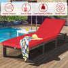 Red outdoor rattan adjustable chaise lounge with cushion, sturdy frame, and weather-resistant design for patio.