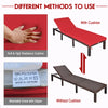 Adjustable outdoor rattan chaise lounge with red cushion, featuring a sturdy steel frame and removable cover for easy.