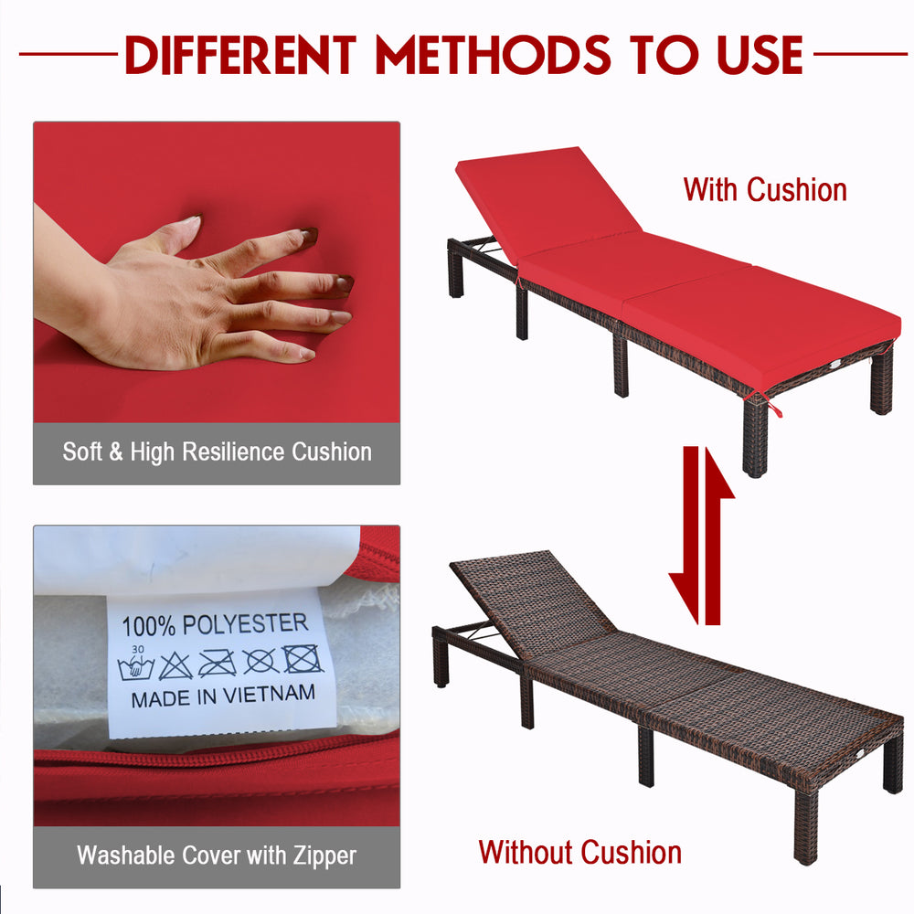 Adjustable outdoor rattan chaise lounge with red cushion, featuring a sturdy steel frame and removable cover for easy.