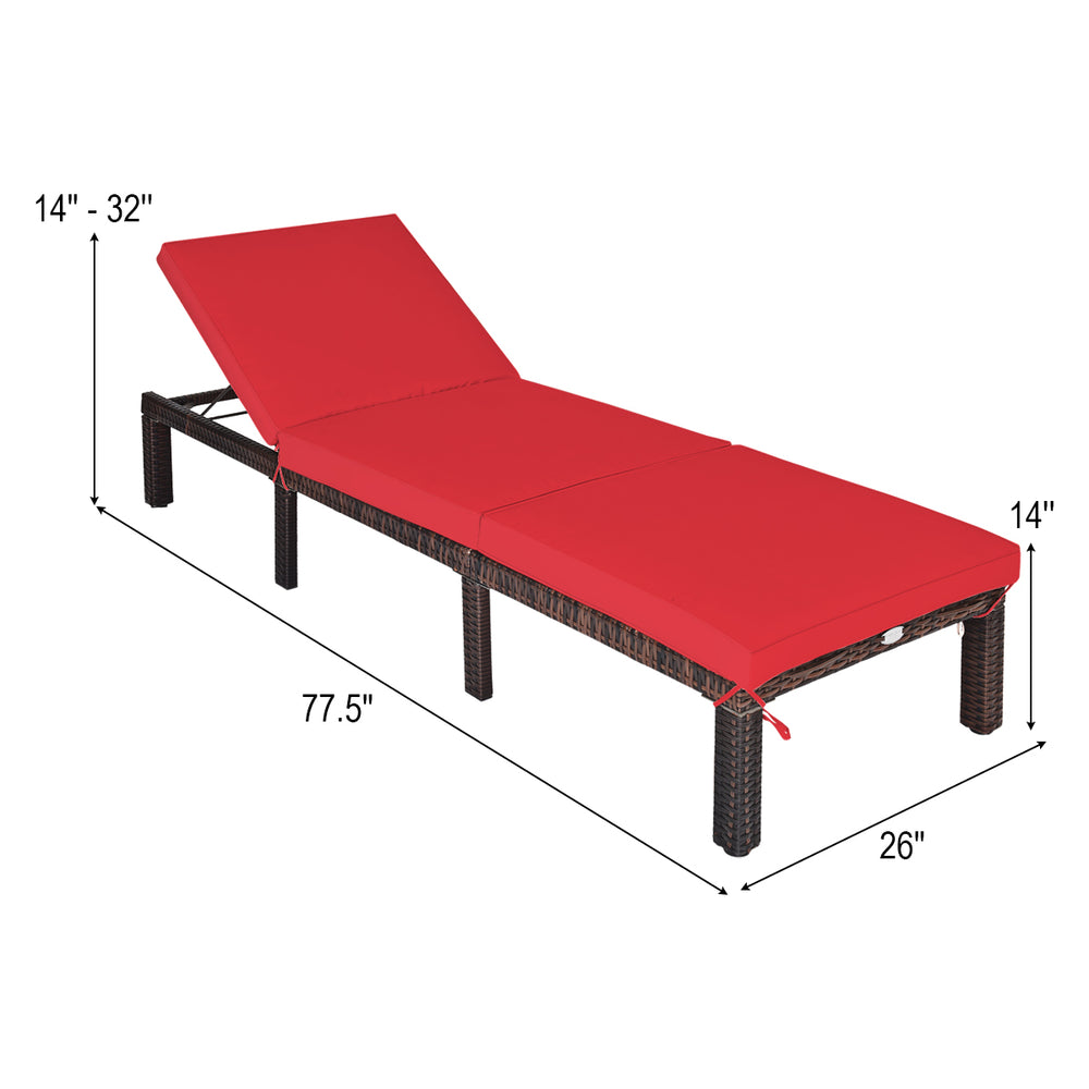 Adjustable red cushioned rattan chaise lounge with sturdy steel frame, ideal for outdoor patio and poolside relaxation.