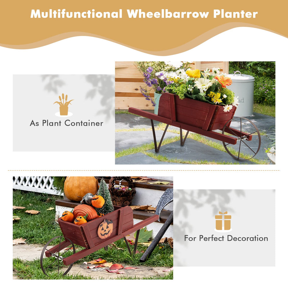 Wooden wagon planter in red with flowers, made of solid pine wood, perfect for garden decoration and holiday displays.