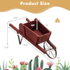 Wooden wagon planter in red with dimensions shown, featuring solid pine wood and iron-reinforced wheel for garden decor.