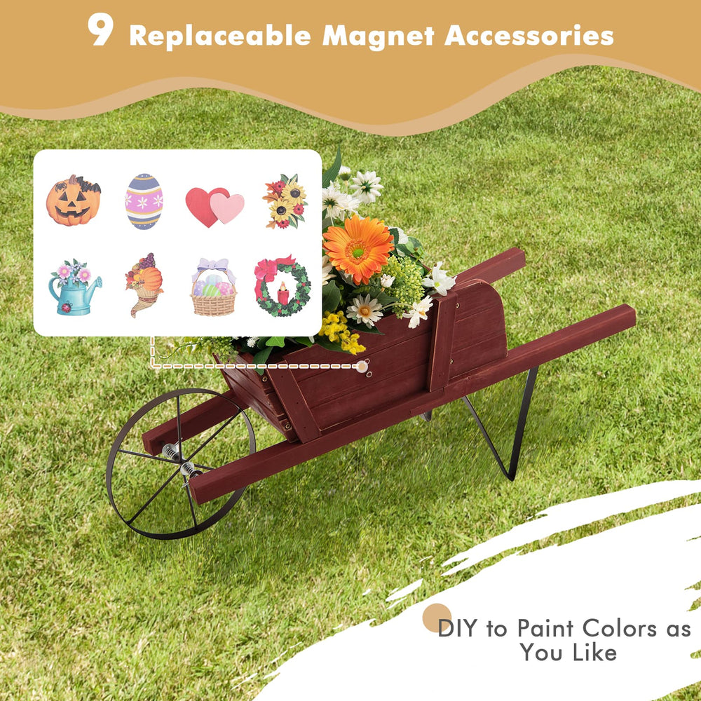 Wooden wagon planter in red with 9 replaceable magnetic accessories, perfect for garden or holiday displays.