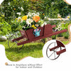Wooden wagon planter in red with flowers, featuring durable pine wood and iron-reinforced wheels for garden decoration.