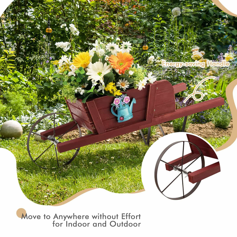 Wooden wagon planter in red with flowers, featuring durable pine wood and iron-reinforced wheels for garden decoration.