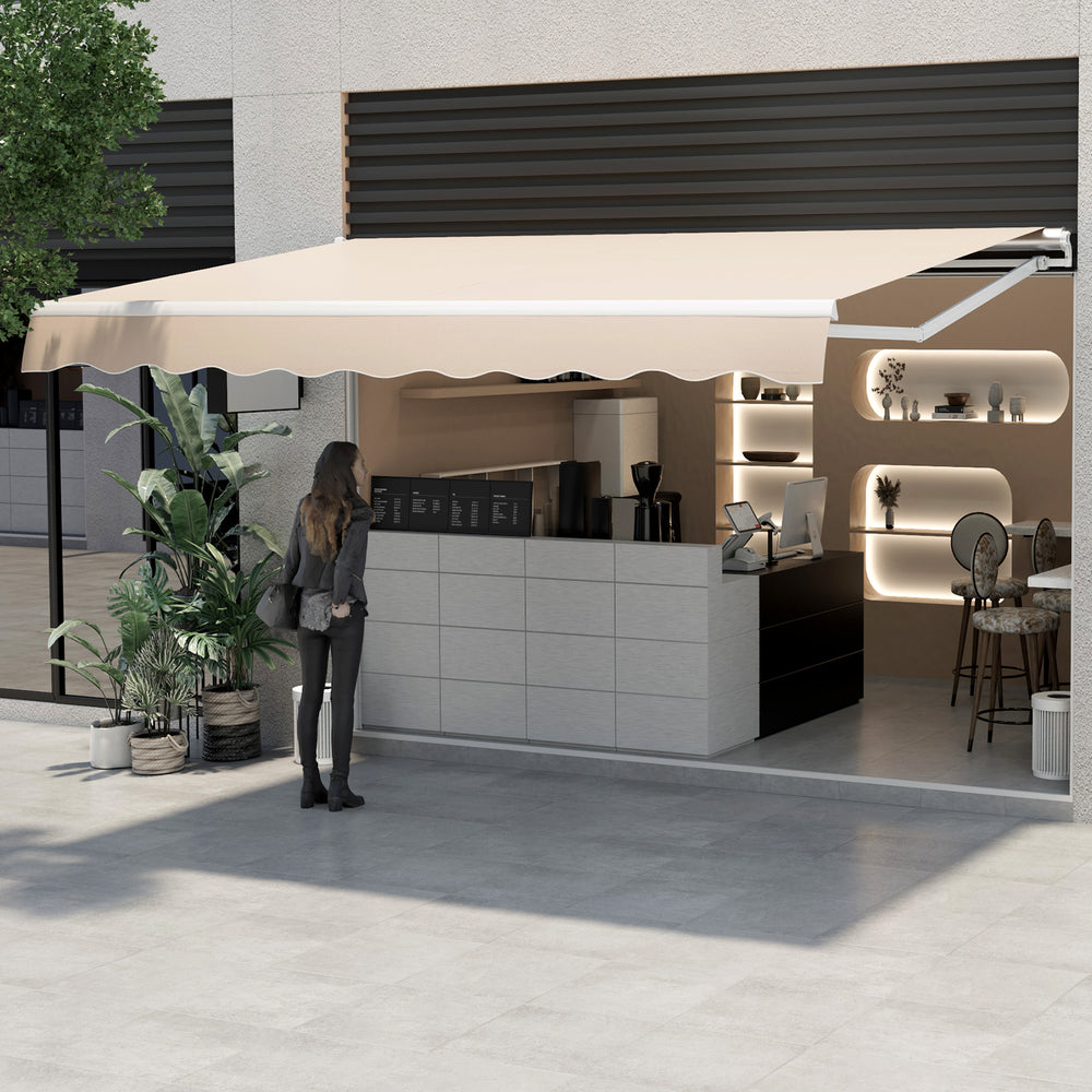 Retractable patio awning in beige, showcasing a modern design over a café setting, perfect for sunshade on decks.