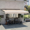 Retractable 12 x 10 feet beige patio awning with adjustable angle, durable aluminum frame, ideal for sun protection.