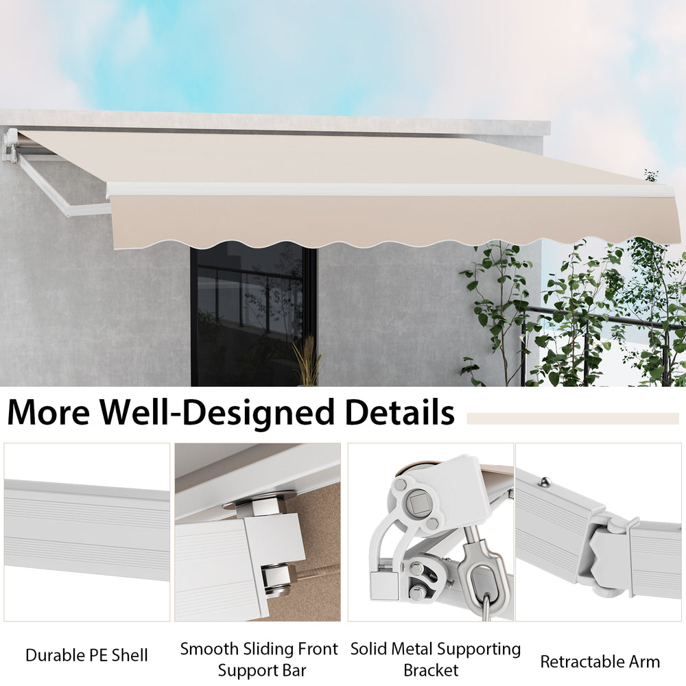 Retractable patio awning with beige thickened cloth and aluminum frame, ideal for sun protection on porches and.
