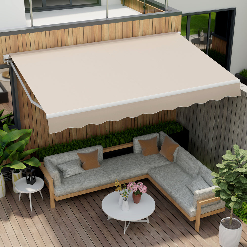 Retractable patio awning in beige, showcasing a side view with a thickened cloth and adjustable angle for effective.