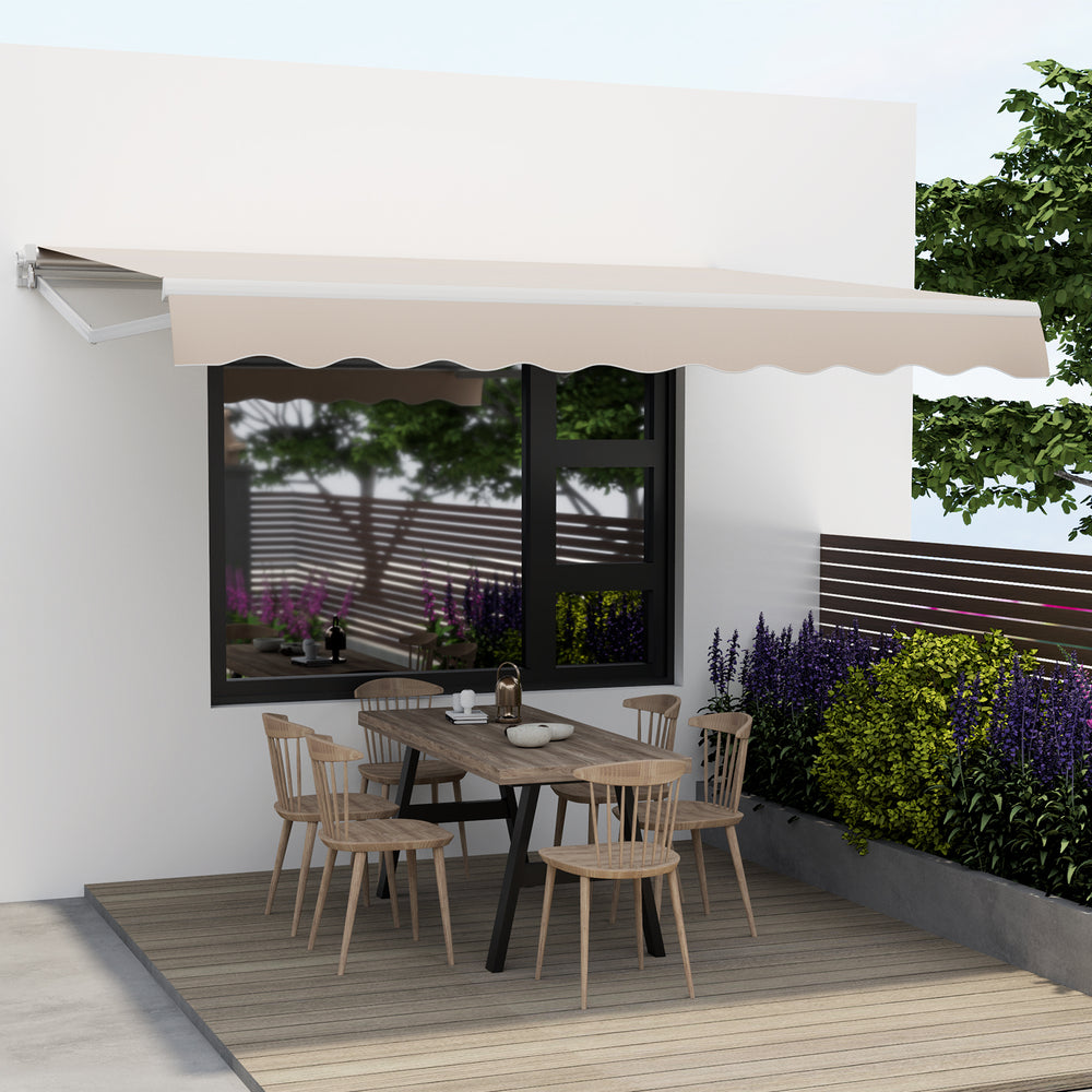 Retractable 12 x 10 feet beige patio awning with aluminum frame, providing sunshade for outdoor dining areas.