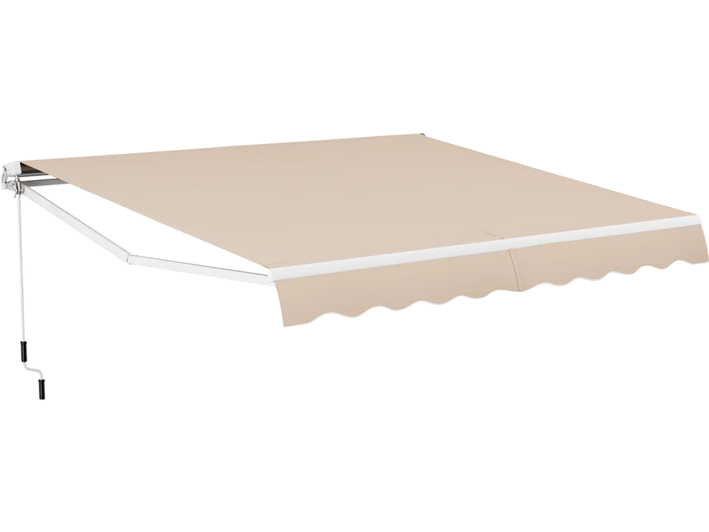 Retractable 12 x 10 feet patio awning in beige with aluminum frame, adjustable angle, ideal for sun protection.