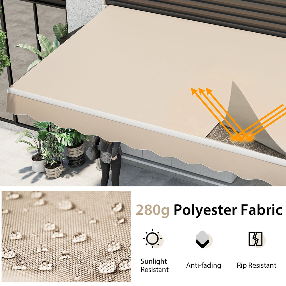 Retractable 12 x 10 feet beige patio awning with aluminum frame, featuring sunlight-resistant 280g polyester fabric.