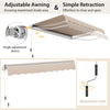 Retractable patio awning with adjustable angle, aluminum frame, and beige cloth for sun protection on decks and porches.
