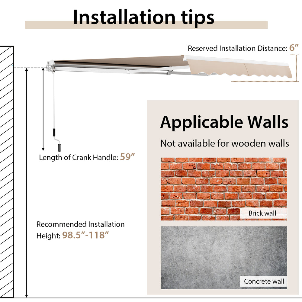 Installation tips for the 12 x 10 feet beige patio retractable awning, suitable for brick and concrete walls.