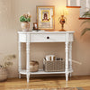 Narrow white retro console table showcasing elegant round edges, designed for stylish storage in tight spaces.