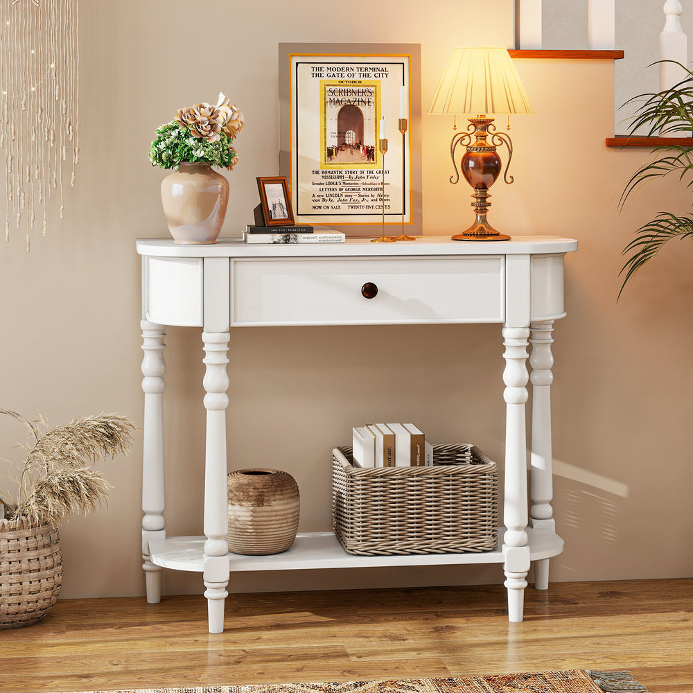 Retro Console Table 36"L Wooden 2-Tier Narrow Behind Couch Foyer Table-White - Gallery View 1 of 10