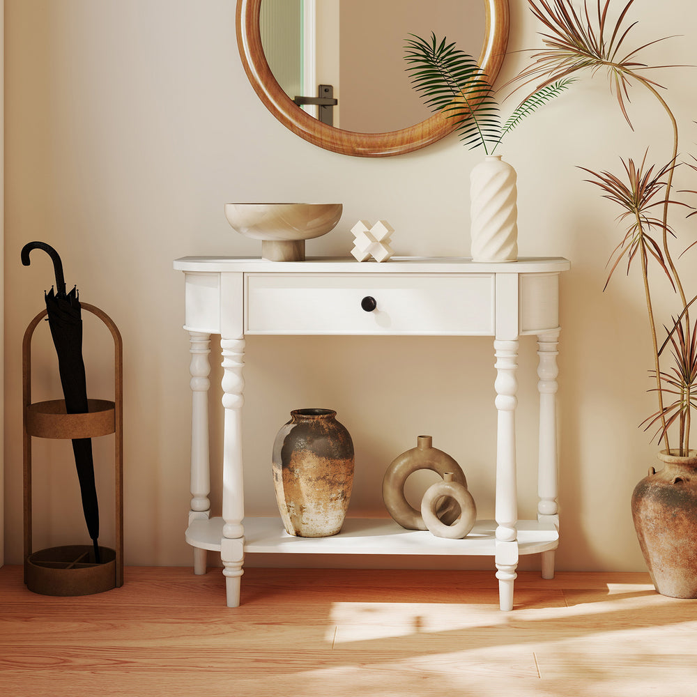 Detail of the white retro console table's round edges and birch wood veneer, adding style and safety for narrow spaces.