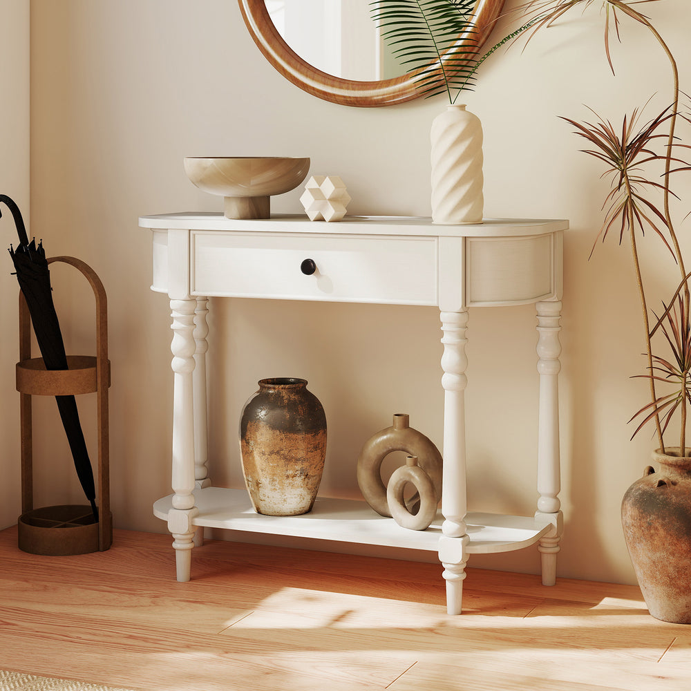 White retro console table featuring a spacious open shelf and a stylish drawer, ideal for decorative storage in.