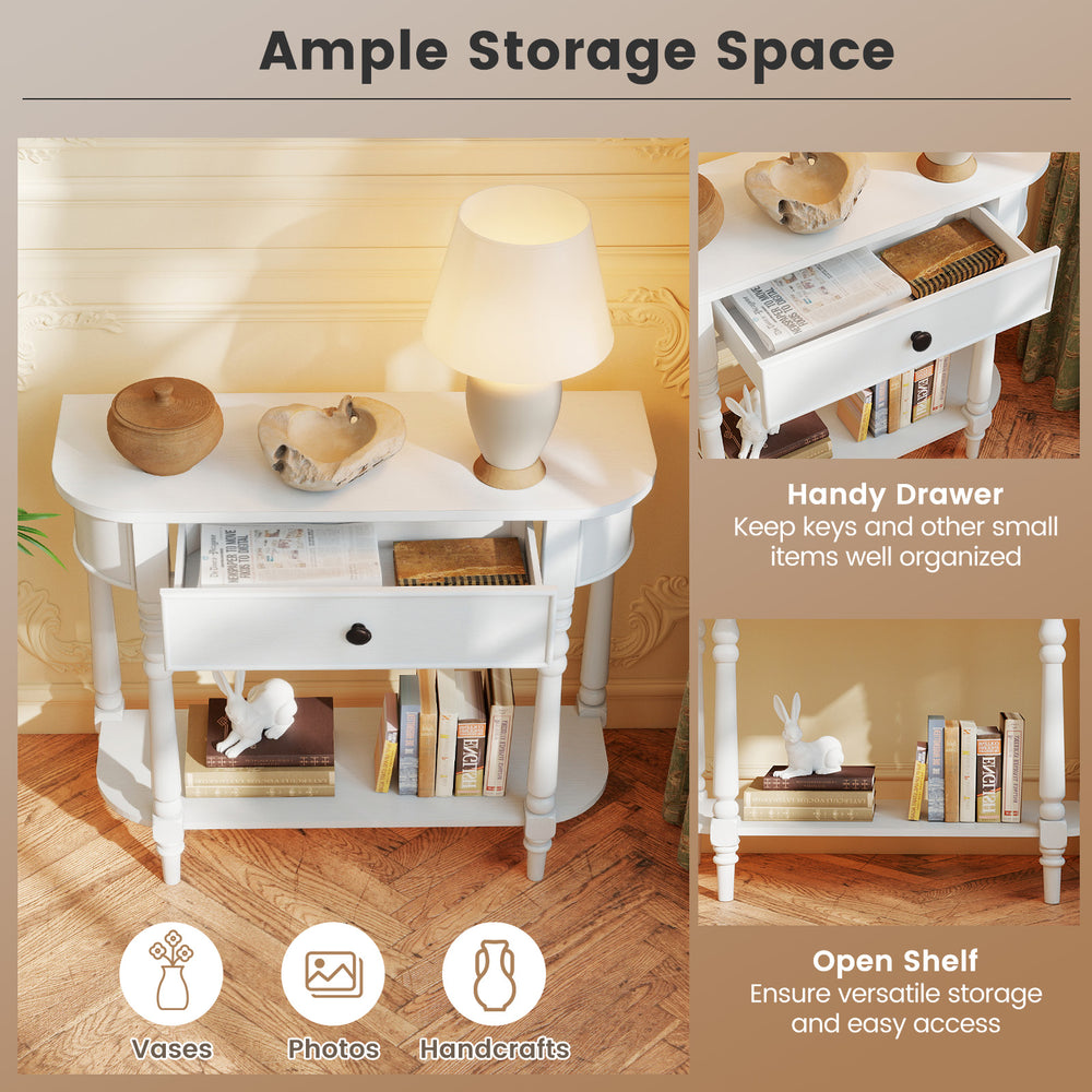 Retro white console table with a handy drawer and open shelf, perfect for vases and photos in narrow spaces.