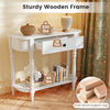 Retro console table with a sturdy white wooden frame, featuring a drawer and open shelf for versatile storage.