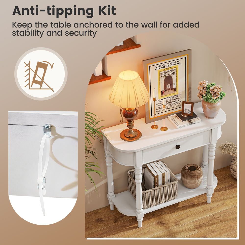 Retro white console table with anti-tipping kit, featuring a drawer and open shelf for versatile storage in narrow.