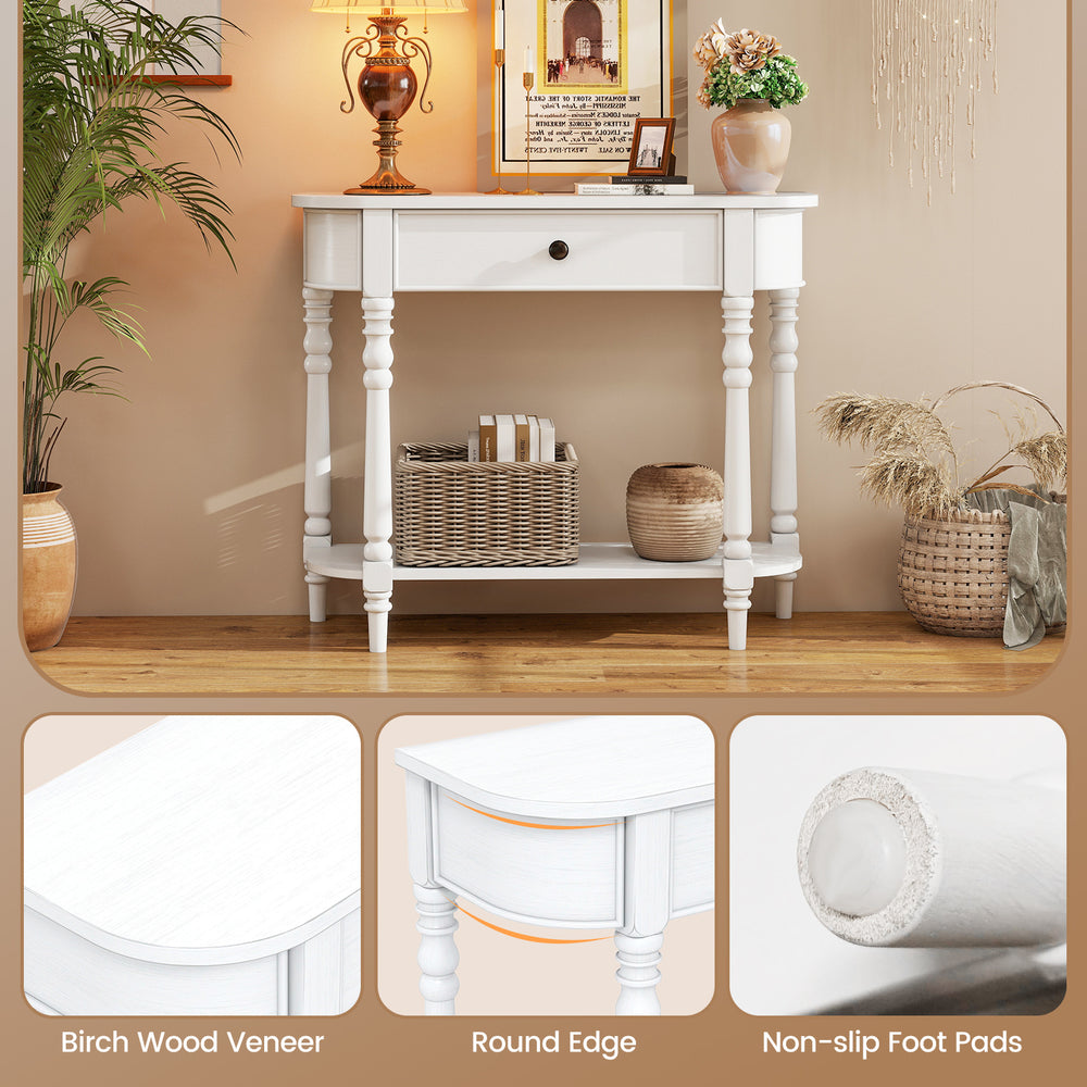 White retro console table with birch wood veneer, round edges, and non-slip foot pads, perfect for narrow spaces.