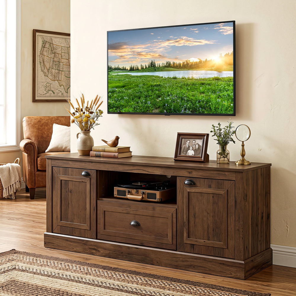 Retro farmhouse TV stand in brown with storage cabinets and a wide tabletop for 70" TVs, perfect for stylish entertainment areas.